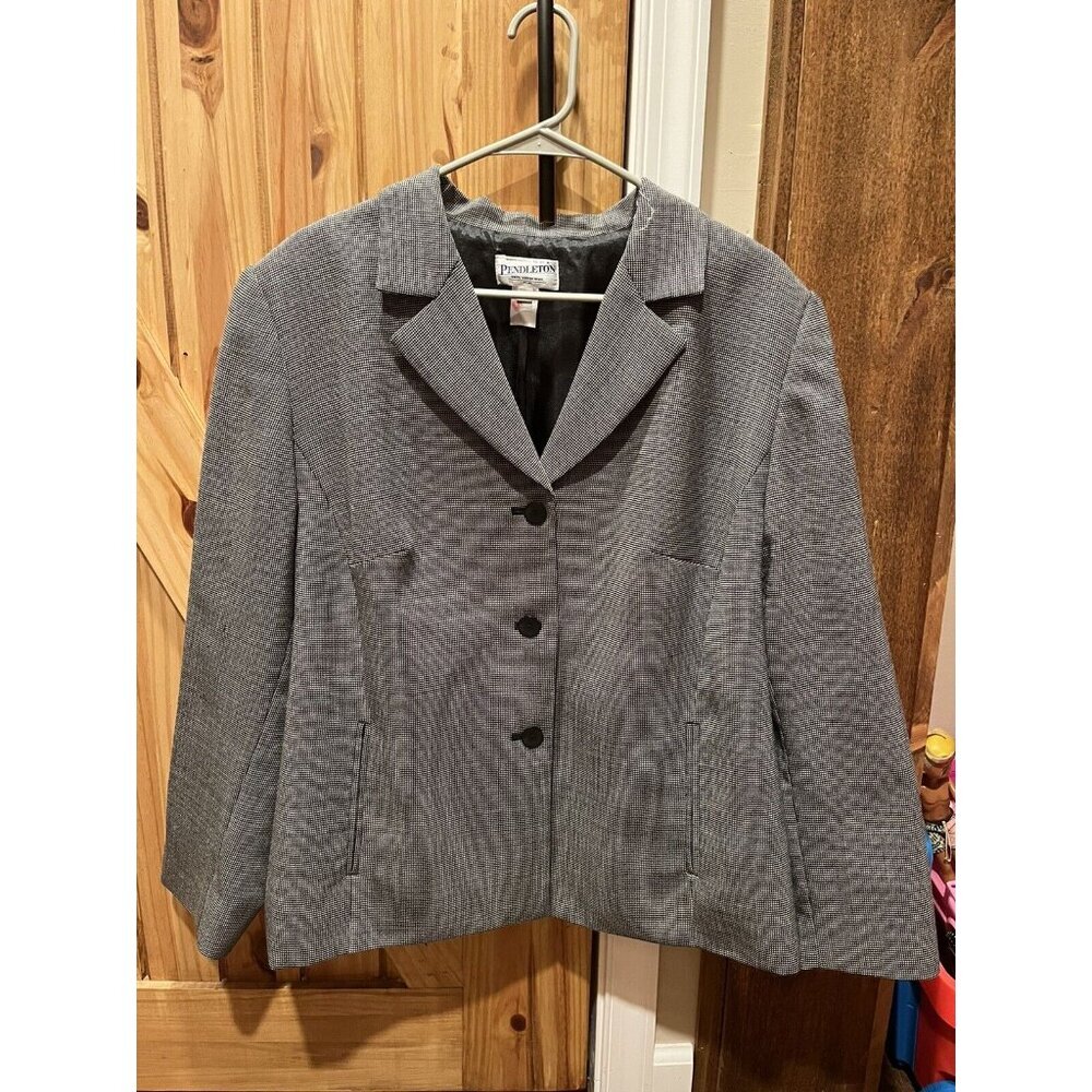 Pendleton Plaid 100% Virgin Wool Black White Checked Blazer Women's PLUS 18W